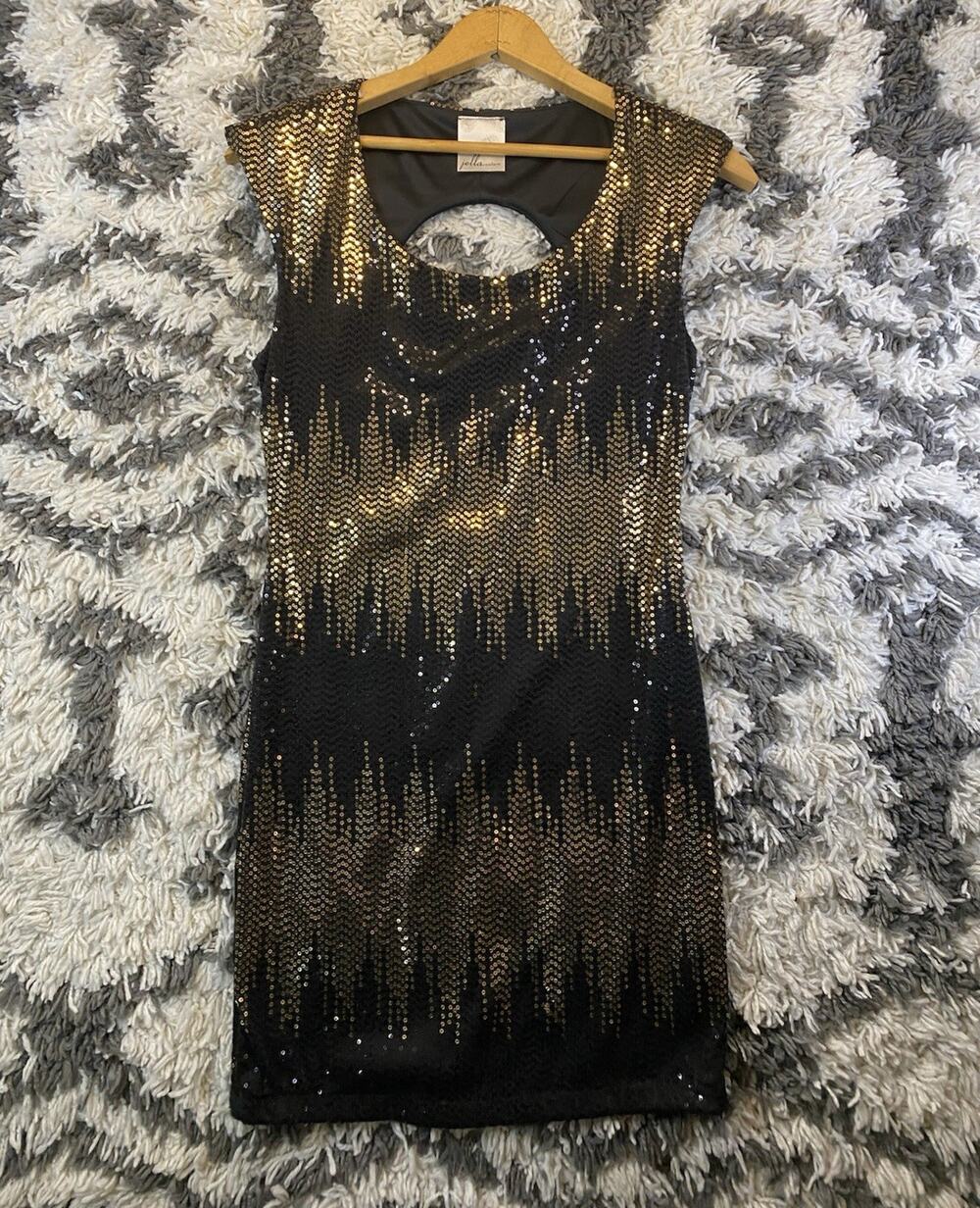 Jella Couture Sequin Ombre Bodycon Dress Black Gold Sleeveless Size M